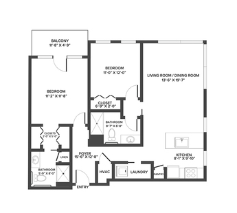 A floor plan with two bedrooms and two bathrooms.