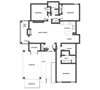 A bungalow floor plan with three bedrooms and two bathrooms.