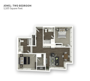An assisted living floor plan with two bedrooms and approximately 1,103 square feet.
