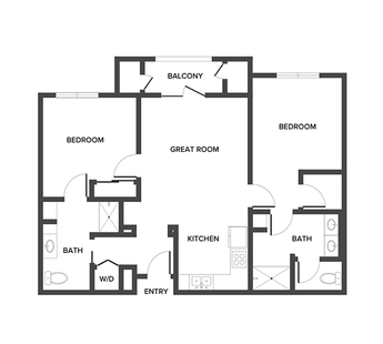 An independent living suite floor plan with two bedrooms and two bathrooms.