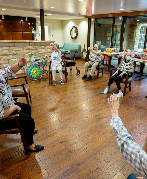 A group of residents in a fitness class.