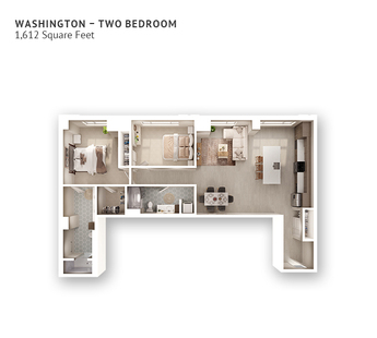 An independent living suite floor plan with two bedrooms, two bathrooms, and approximately 1,1612 square feet.