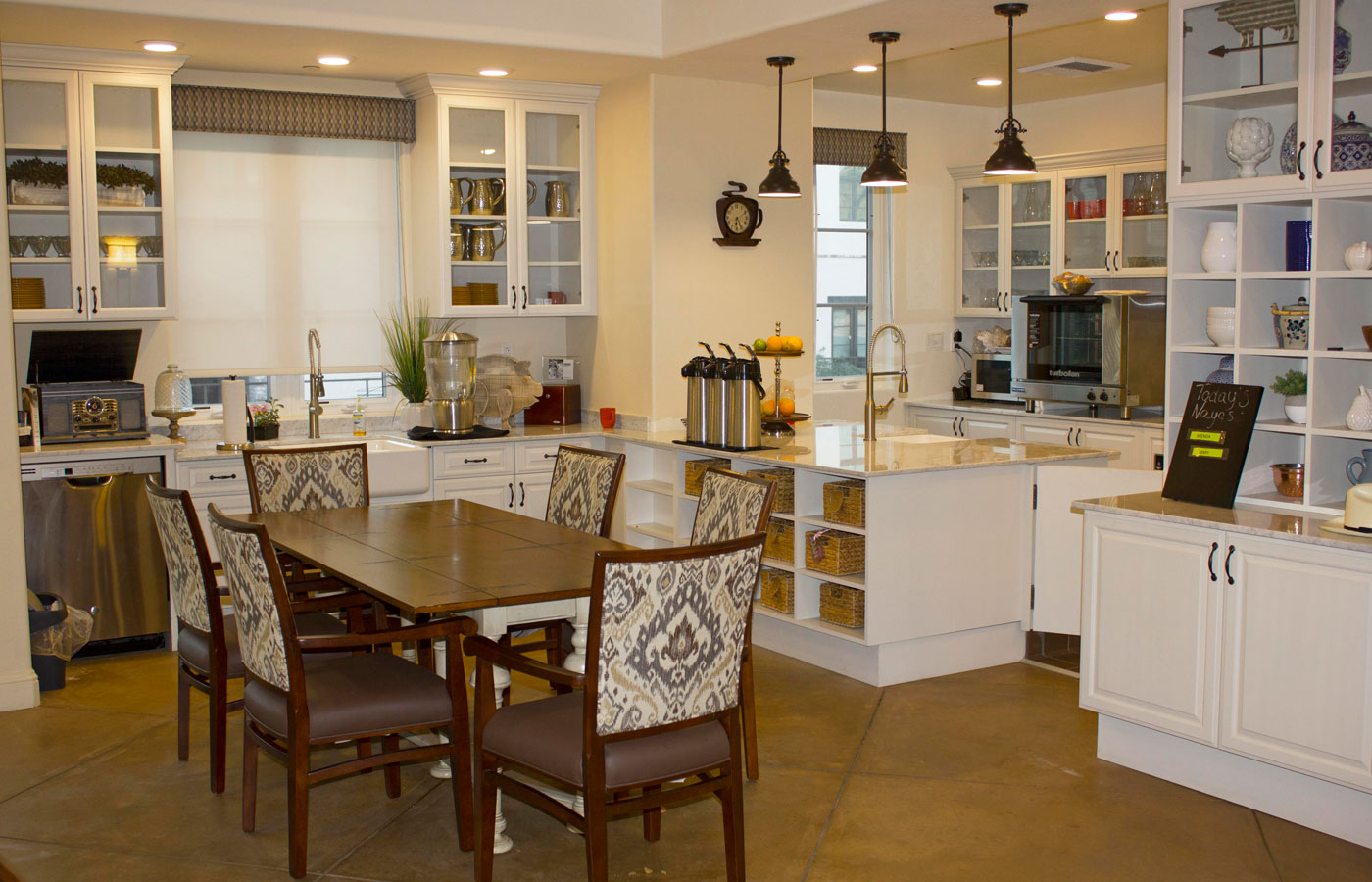 Dining room with seating area.