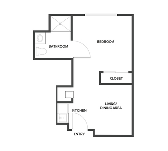 An assisted living suite floor plan with one bedroom and a bathroom.