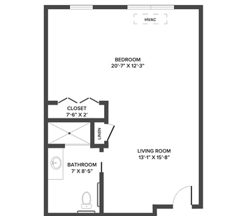 A memory care suite floor plan with one bedroom and a bathroom.