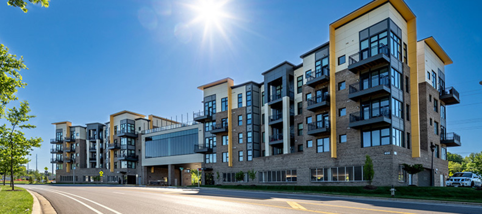 The building exterior with the sun shining.