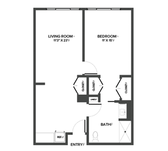 A plan with one bedroom and approximately 600 square feet.