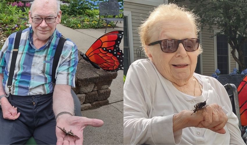 Two images of residents with butterflies at the East Village Place Butterfly Garden.