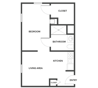 A memory care suite floor plan with one bedroom and a bathroom.
