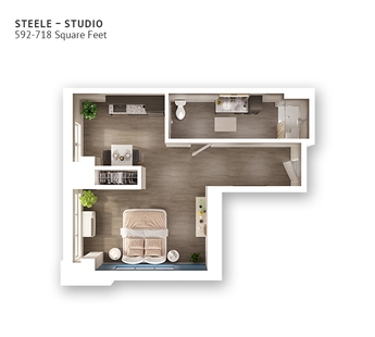 An assisted living studio suite floor plan with an open living/bedroom space, kitchenette, and approximately 592-718 square feet.