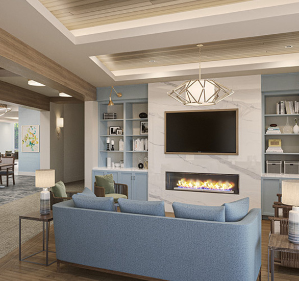 A fully furnished community living room space.