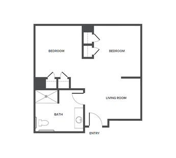 A memory care 2-bedroom suite floor plan with two bedrooms and one bathroom.