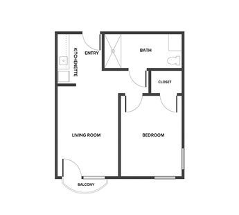 An assisted living suite floor plan with one bedroom and a bathroom.