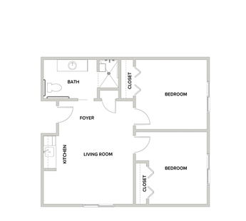 An assisted living suite floor plan with two bedrooms and a bathroom.