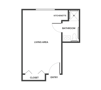 A studio suite floor plan with an open living/bedroom space and kitchenette.
