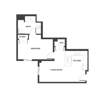 An assisted living suite floor plan with one bedroom and a bathroom.