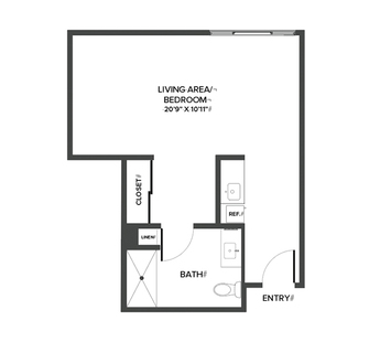 A memory care studio suite floor plan with an open living/bedroom space and kitchenette.