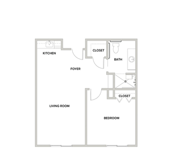 An assisted living suite floor plan with one bedroom and a bathroom.