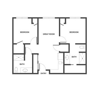 An assisted living suite floor plan with two bedrooms and two bathrooms.