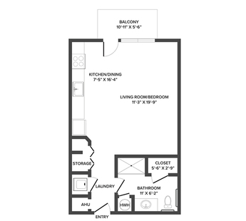 A floor plan with an open living/bedroom space and kitchenette.