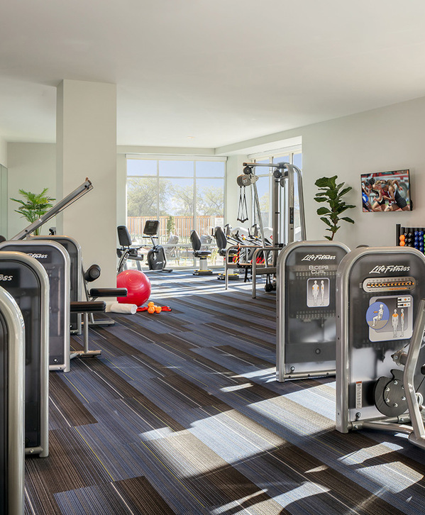 Accordion image A large fitness center with plenty of exercise machines.