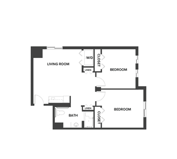 A memory care shared suite floor plan with two bedrooms and one bathroom.