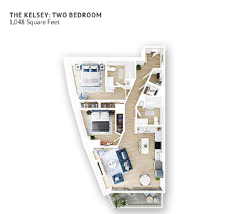 An independent living floor plan with two bedrooms and approximately 1,048 square feet.