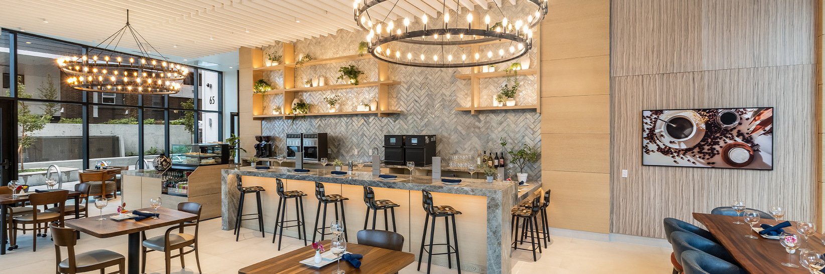 A bistro with counter seating. A bistro with counter seating.