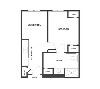 An assisted living suite floor plan with one bedroom and a bathroom.