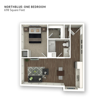An assisted living suite floor plan with one bedroom and approximately 698 square feet.