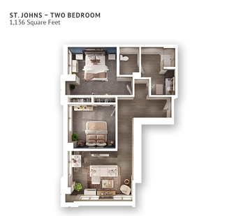 An assisted living suite floor plan with two bedrooms and approximately 1,136 square feet.