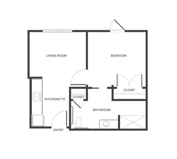 An assisted living suite floor plan with one bedroom and a bathroom.