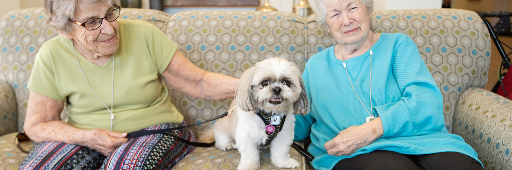 Two residents are sitting on a sofa with a dog. Two residents are sitting on a sofa with a dog.
