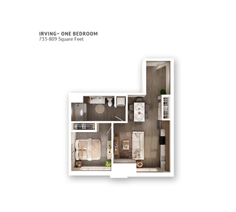 An independent living suite floor plan with one bedroom and a bathroom.