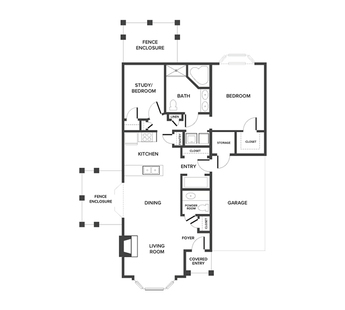 A villa floor plan with two bedrooms, a garage and two enclosed outdoor spaces.