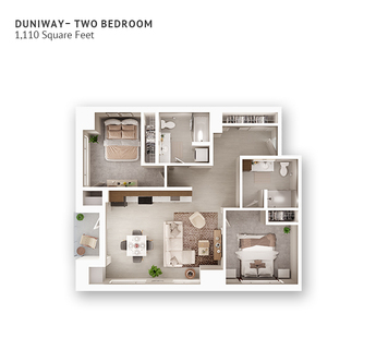 An independent living suite floor plan with two bedrooms, two bathrooms, and approximately 1,110 square feet.