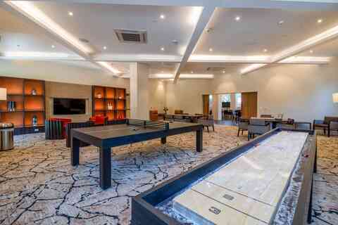 Game room with table tennis and shuffle board.