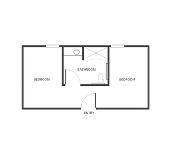 A memory care shared suite floor plan with two bedrooms and a bathroom.