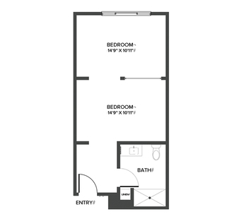 A memory care shared suite floor plan with two bedrooms and a bathroom.