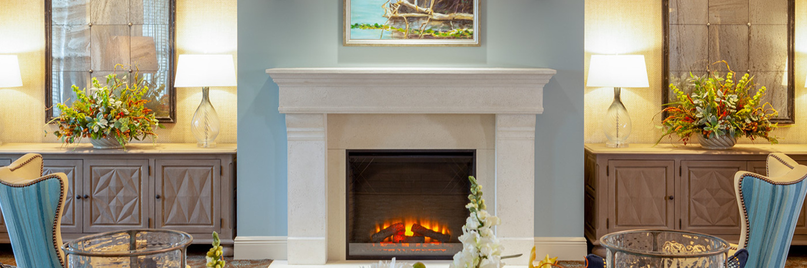 Fireplace by seating area. Fireplace by seating area.