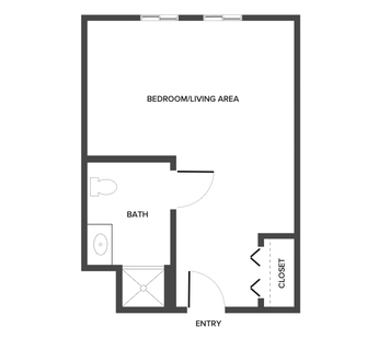 A memory care studio suite floor plan with an open living/bedroom space.