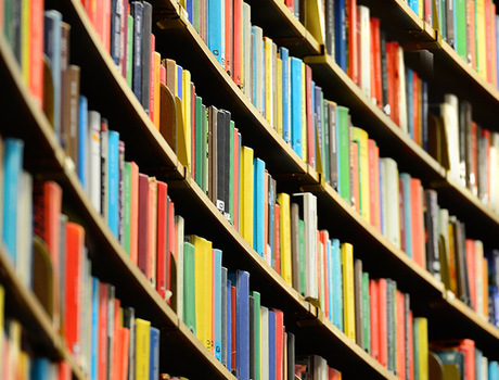 Library book shelves.