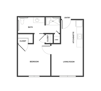 An assisted living suite floor plan with one bedroom and a bathroom.