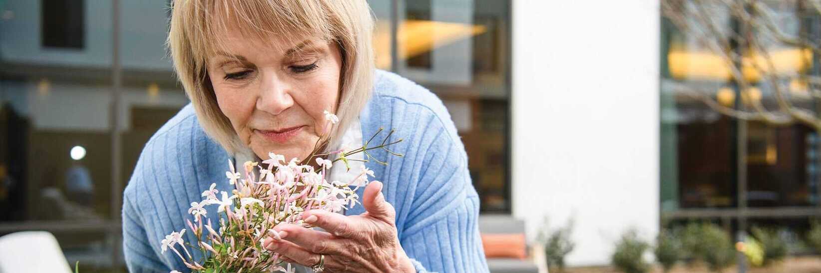 A memory care resident of The Watermark at San Jose in a blue sweater leaning over to smell light pink flowers in the garden. A memory care resident of The Watermark at San Jose in a blue sweater leaning over to smell light pink flowers in the garden.