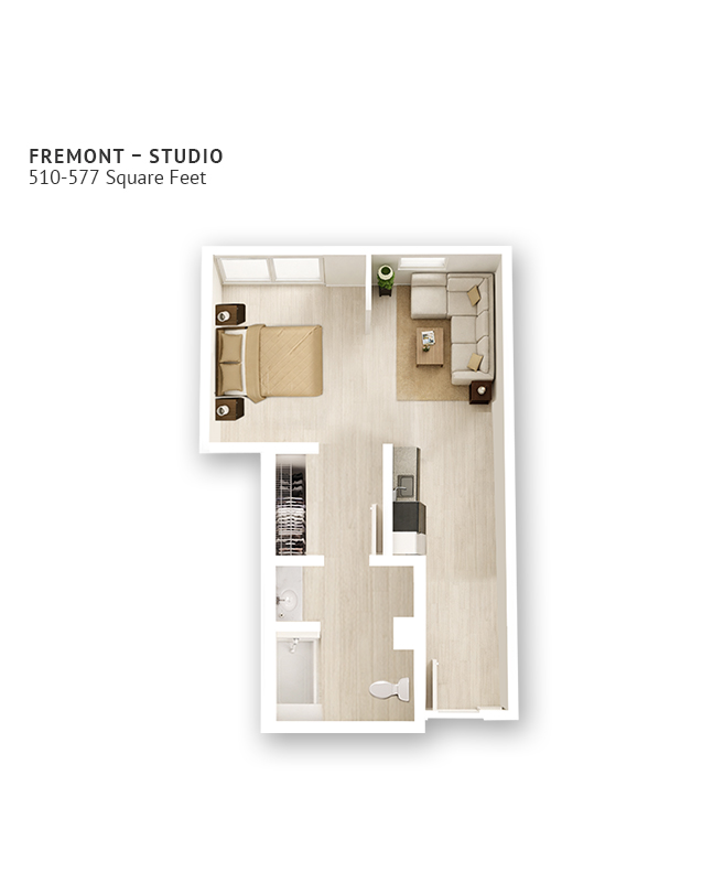 An assisted living studio suite floor plan with one bedroom and a bathroom.