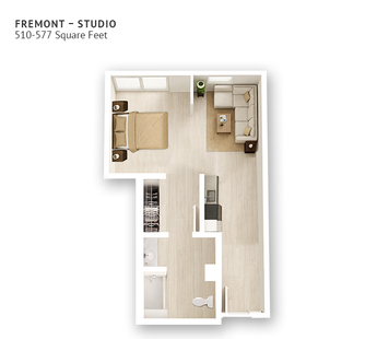 An assisted living studio suite floor plan with one bedroom and a bathroom.