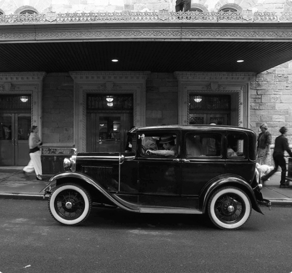 Black and white image of Ford car.