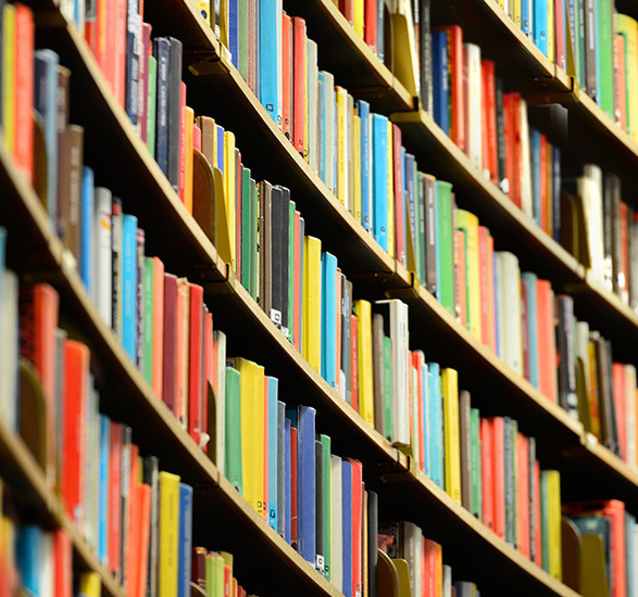 Close up of books on book shelves.