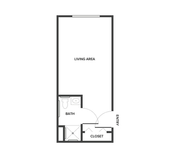 A studio suite floor plan with an open living/bedroom space and kitchenette.