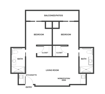 An assisted living suite floor plan with two bedrooms and two bathrooms.